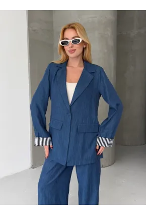 Kadın Tensel Kumaş Blazer Ceket Pantolon Takım – Mavi CLV244