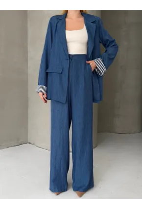Kadın Tensel Kumaş Blazer Ceket Pantolon Takım – Mavi CLV244