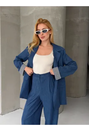 Kadın Tensel Kumaş Blazer Ceket Pantolon Takım – Mavi CLV244