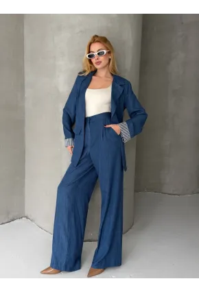 Kadın Tensel Kumaş Blazer Ceket Pantolon Takım – Mavi CLV244