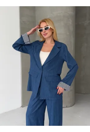 Kadın Tensel Kumaş Blazer Ceket Pantolon Takım – Mavi CLV244