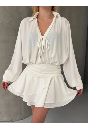 Kadın Tensel Kumaş Volanlı Mini Elbise Beyaz