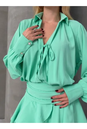 Kadın Tensel Kumaş Volanlı Mini Elbise Yeşil