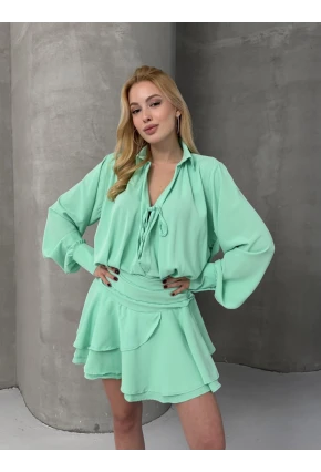 Kadın Tensel Kumaş Volanlı Mini Elbise Yeşil