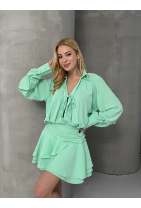 Kadın Tensel Kumaş Volanlı Mini Elbise Yeşil