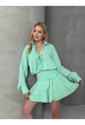 Kadın Tensel Kumaş Volanlı Mini Elbise Yeşil