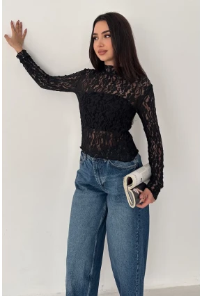 Kadın Transparan Çiçek Desenli Dantel Bluz