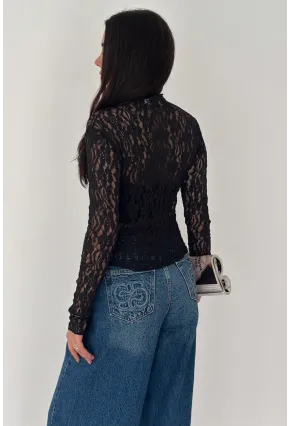 Kadın Transparan Çiçek Desenli Dantel Bluz