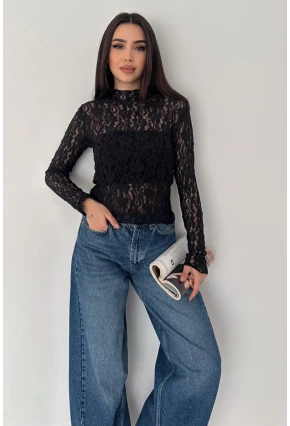 Kadın Transparan Çiçek Desenli Dantel Bluz