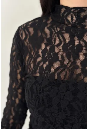 Kadın Transparan Çiçek Desenli Dantel Bluz