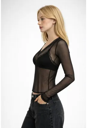 Kadın Transparan Uzun Kollu Likralı Tül Bluz