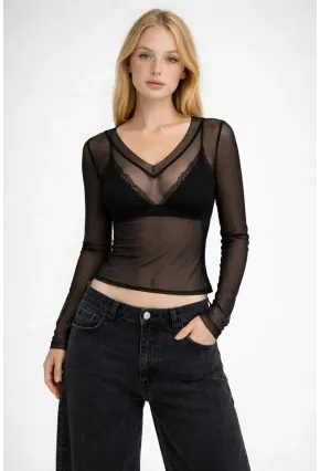 Kadın Transparan Uzun Kollu Likralı Tül Bluz