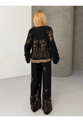 Kadın Viskon Kumaş Desenli V Yaka Kuşaklı Alt Üst Takım Siyah