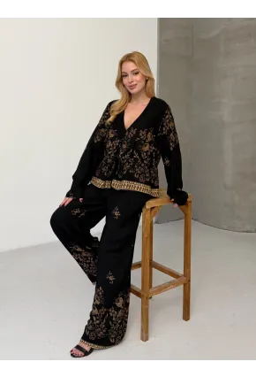 Kadın Viskon Kumaş Desenli V Yaka Kuşaklı Alt Üst Takım Siyah