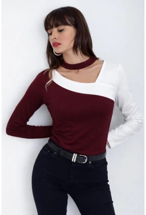 Kadın Yaka Asimetrik Renk Bloklu Bluz Bordo