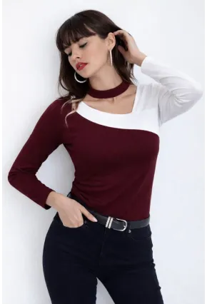 Kadın Yaka Asimetrik Renk Bloklu Bluz Bordo
