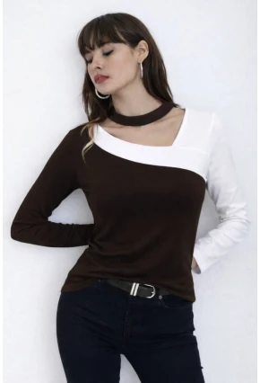 Kadın Yaka Asimetrik Renk Bloklu Bluz Kahve