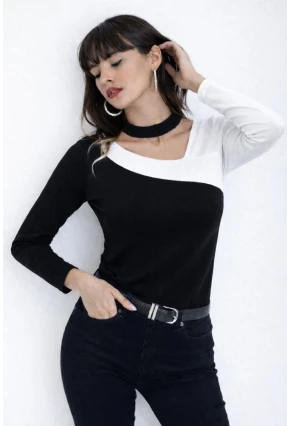 Kadın Yaka Asimetrik Renk Bloklu Bluz Siyah