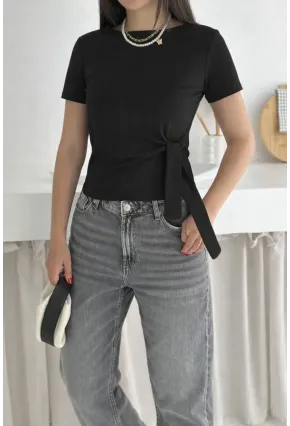 Kadın Yandan Bağlama Detaylı Bluz Siyah