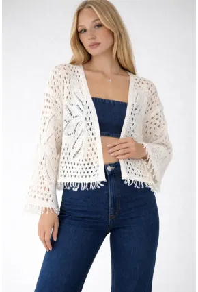 Kadın Yaprak Desenli Püsküllü Triko Hırka