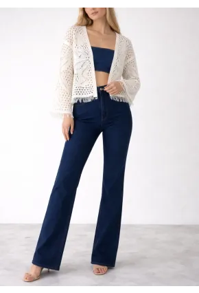 Kadın Yaprak Desenli Püsküllü Triko Hırka