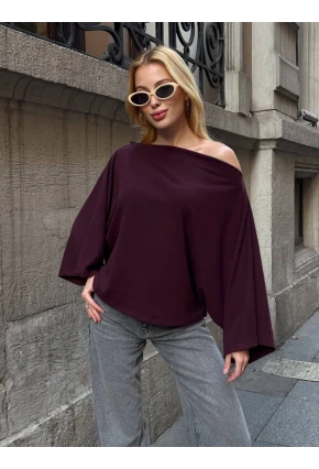 Kadın Yarasa Kol Panço Bluz Bordo