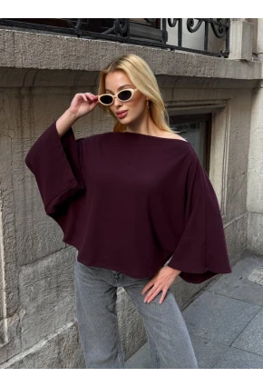 Kadın Yarasa Kol Panço Bluz Bordo