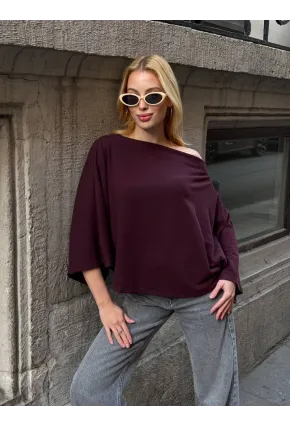 Kadın Yarasa Kol Panço Bluz Bordo