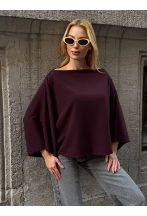 Kadın Yarasa Kol Panço Bluz Bordo