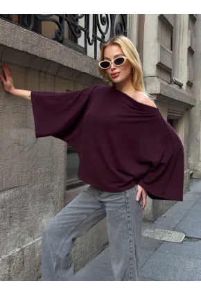 Kadın Yarasa Kol Panço Bluz Bordo