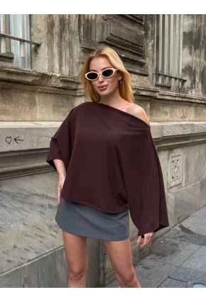 Kadın Yarasa Kol Panço Bluz Kahve