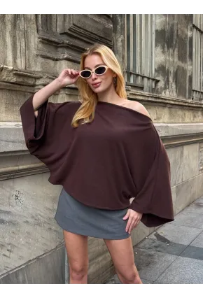 Kadın Yarasa Kol Panço Bluz Kahve