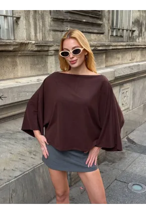Kadın Yarasa Kol Panço Bluz Kahve
