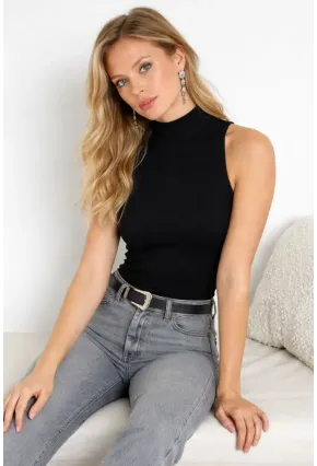 Kadın Yarım Balıkcı Kolsuz Siyah Kaşkorse Bluz