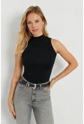 Kadın Yarım Balıkcı Kolsuz Siyah Kaşkorse Bluz