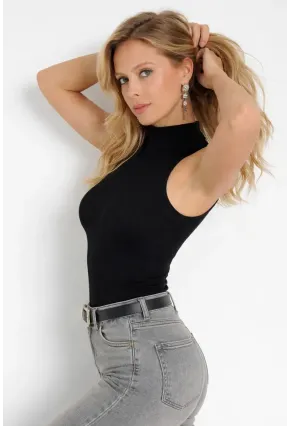 Kadın Yarım Balıkcı Kolsuz Siyah Kaşkorse Bluz