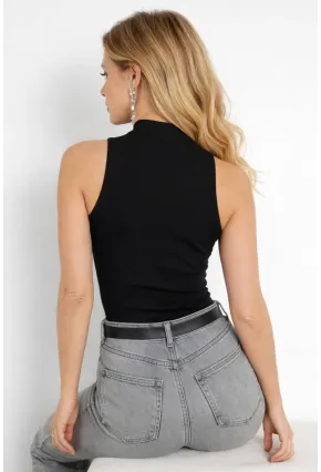 Kadın Yarım Balıkcı Kolsuz Siyah Kaşkorse Bluz