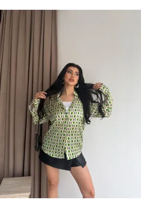 Kadın Yeşil Desenli Saten Gömlek