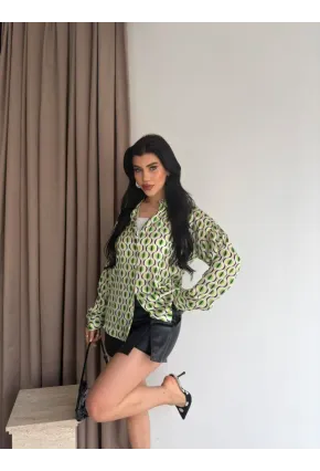 Kadın Yeşil Desenli Saten Gömlek