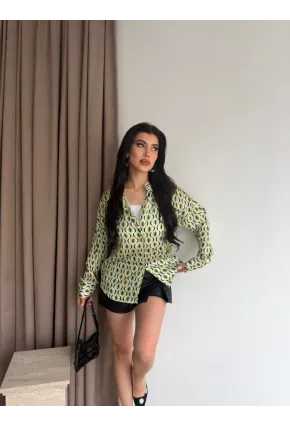 Kadın Yeşil Desenli Saten Gömlek