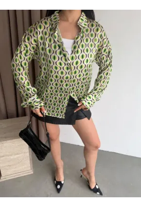 Kadın Yeşil Desenli Saten Gömlek