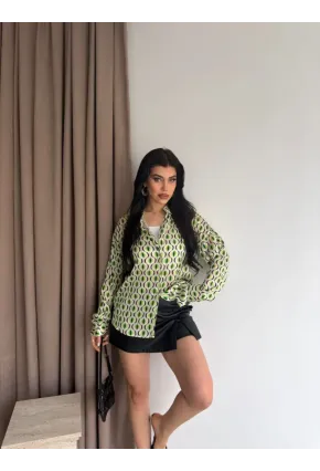 Kadın Yeşil Desenli Saten Gömlek