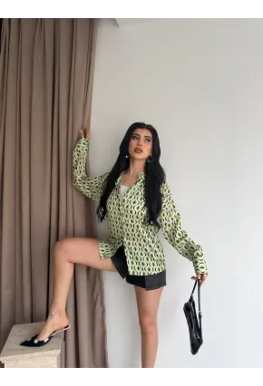 Kadın Yeşil Desenli Saten Gömlek