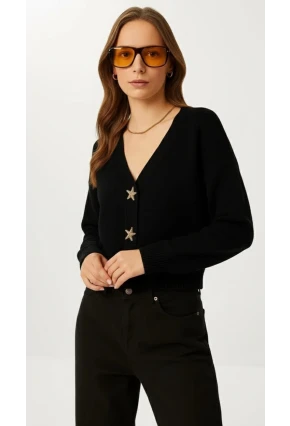 Kadın Yıldız Düğme Detaylı Triko Hırka