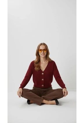 Kadın Yıldız Düğme Detaylı Triko Hırka