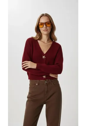 Kadın Yıldız Düğme Detaylı Triko Hırka