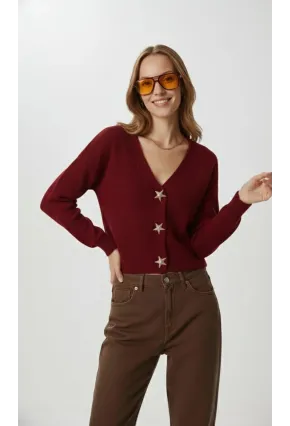 Kadın Yıldız Düğme Detaylı Triko Hırka