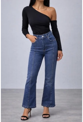 Kadın Yüksek Bel Dikiş Detaylı İspanyol Paça Jean Pantolon