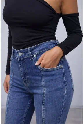 Kadın Yüksek Bel Dikiş Detaylı İspanyol Paça Jean Pantolon