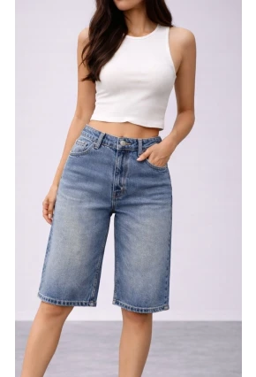 Kadın Yüksek Bel Salaş Jean Bermuda Lacivert
